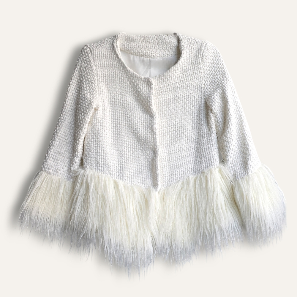 Faux Mongolian Fur Trim Boucle Tweed Jacket - White & Metallic (XS/S)